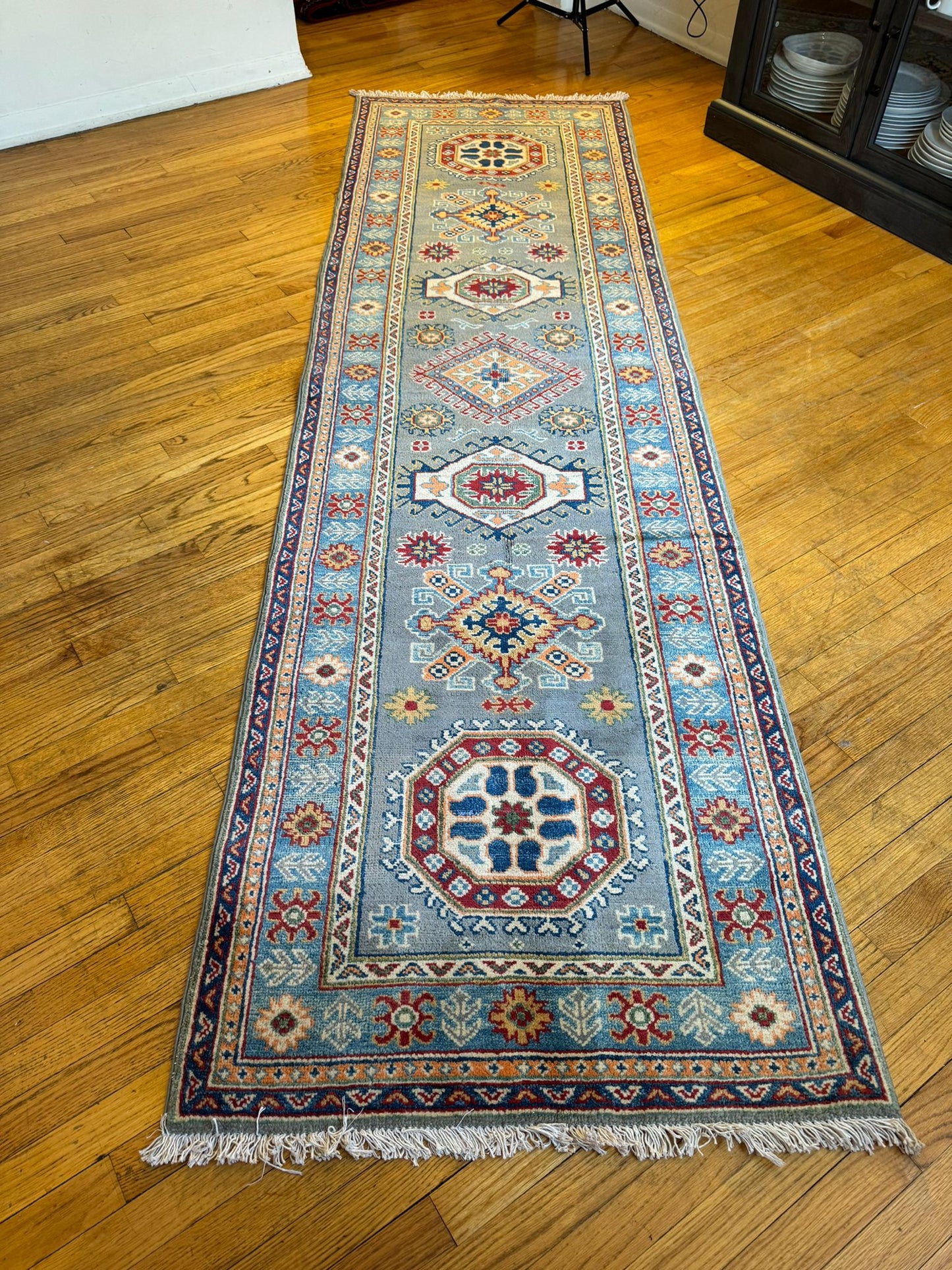 Vibrant Qazaq Runner Rug - 9.6x2.8 ft