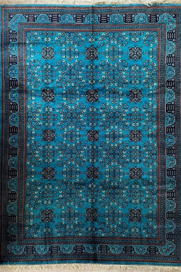 Turquoise Elegance: Hand-Knotted Wool Rug- Bukhara Design