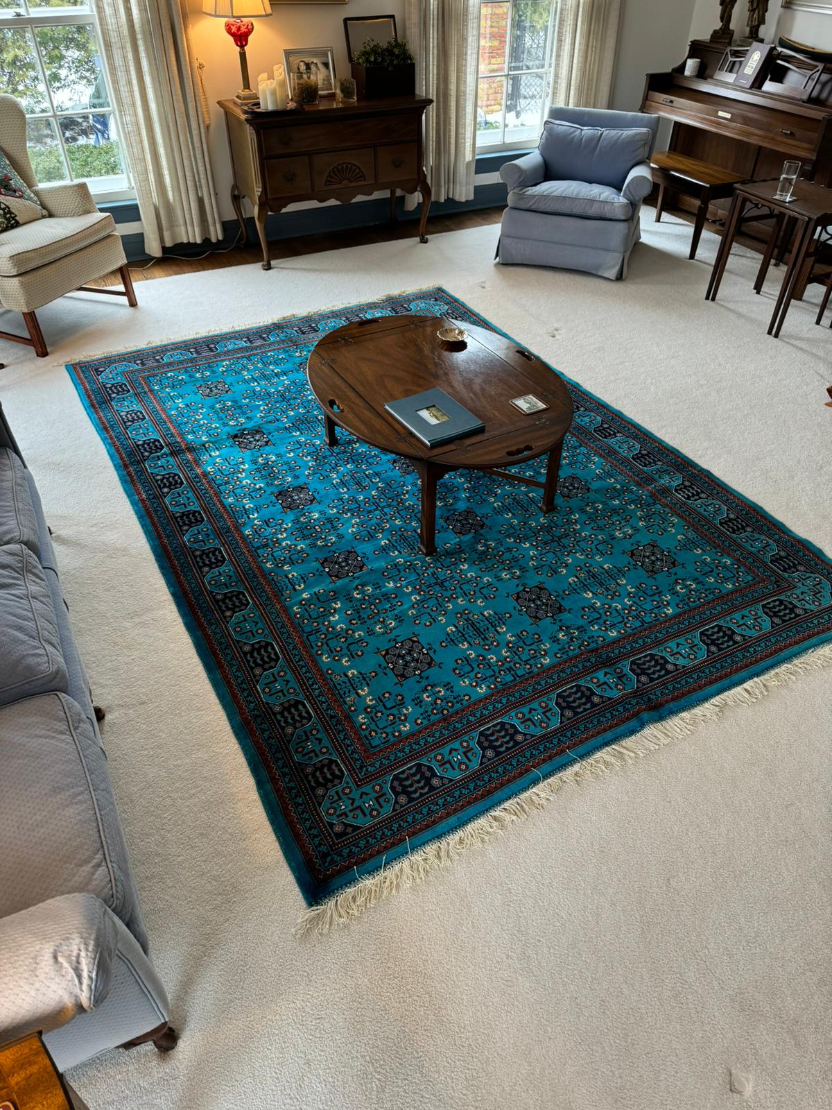 Turquoise Elegance: Hand-Knotted Wool Rug- Bukhara Design