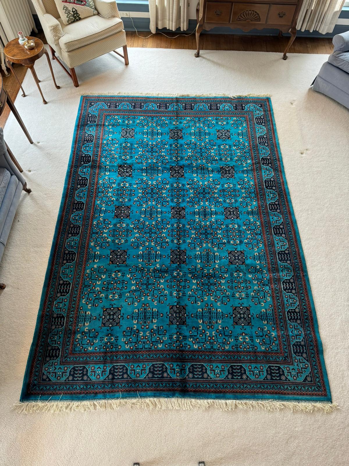 Turquoise Elegance: Hand-Knotted Wool Rug- Bukhara Design