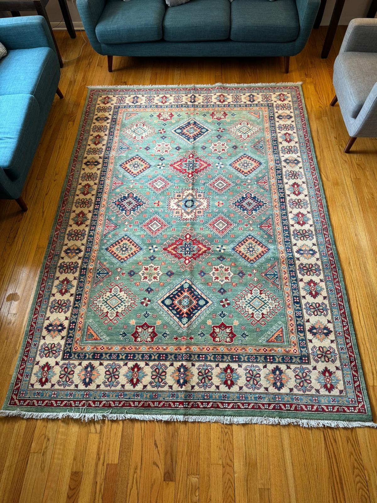 Elegant Qazaq: Handknotted Afghan Artistry Rug (6.8x10 Feet)