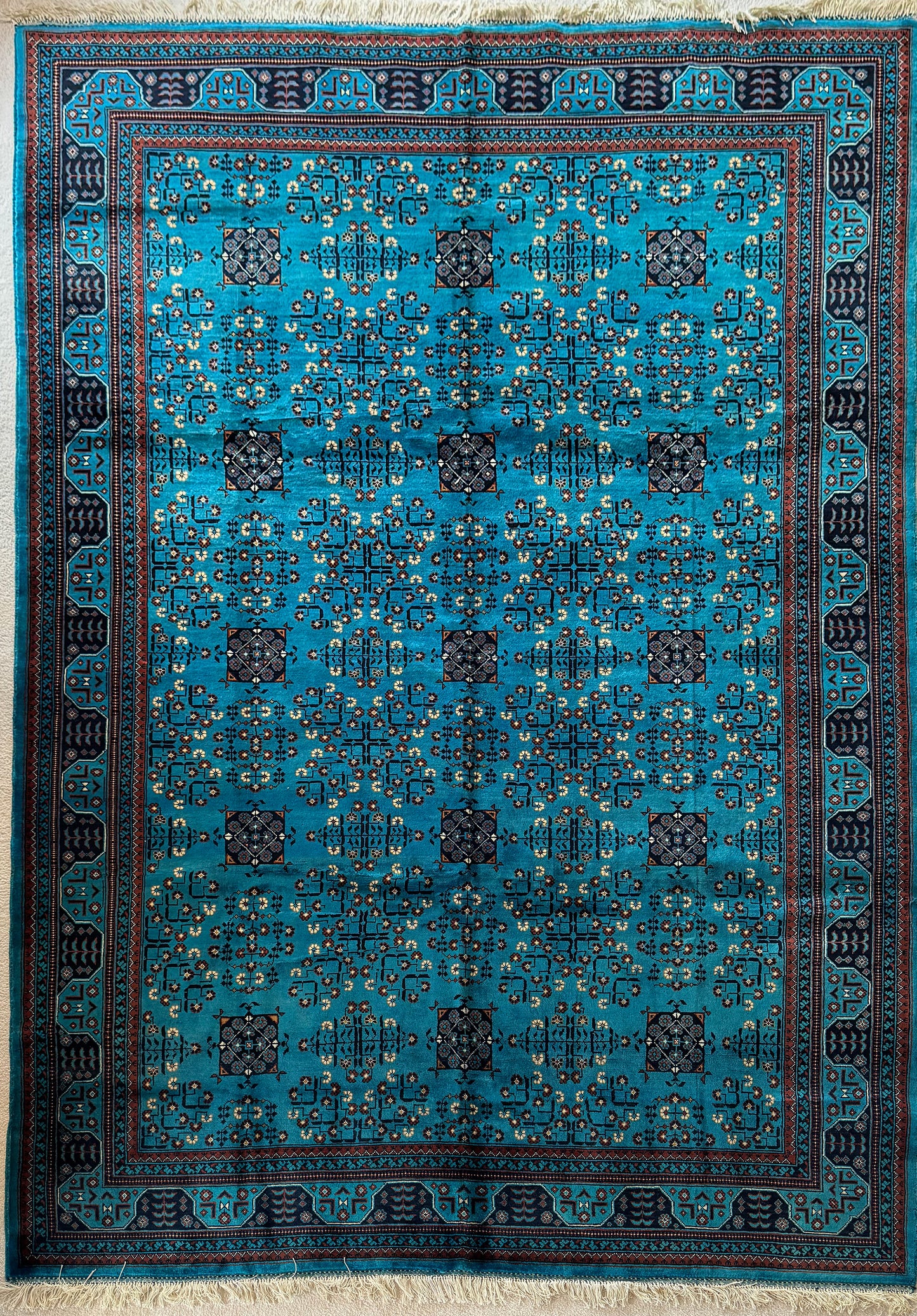 Turquoise Elegance: Hand-Knotted Wool Rug- Bukhara Design