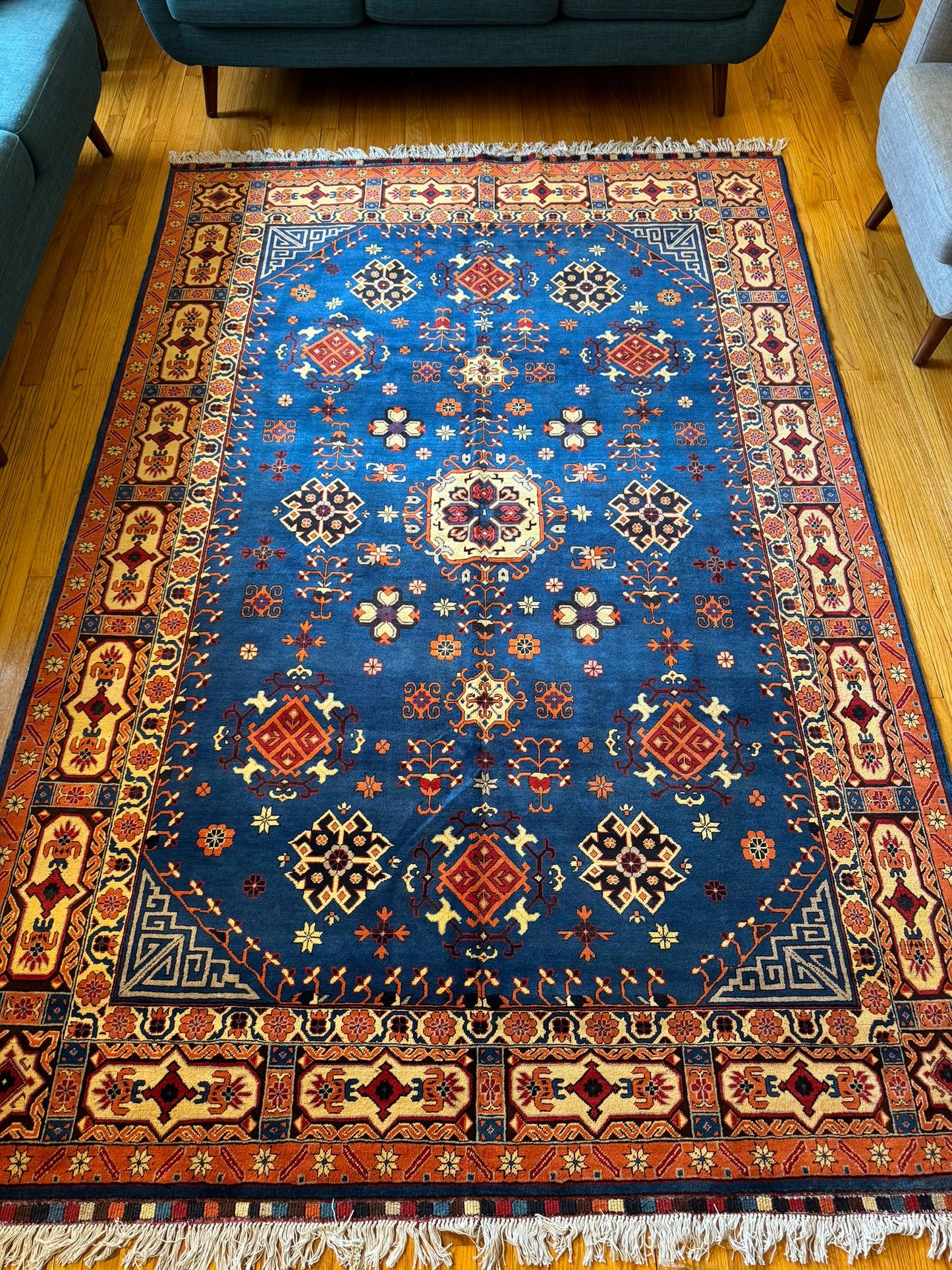 Mazari Qazaq Heritage Wool Rug - 10x6.8 Feet Lapis Hues